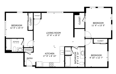 Floor plan for 3 beds, 1.5 baths, 1044 sqft